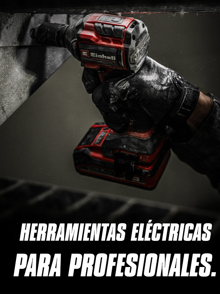 Una mano sostiene una llave de impacto inalámbrica roja que se utiliza sobre una viga de metal, con el texto "Herramientas eléctricas para profesionales".