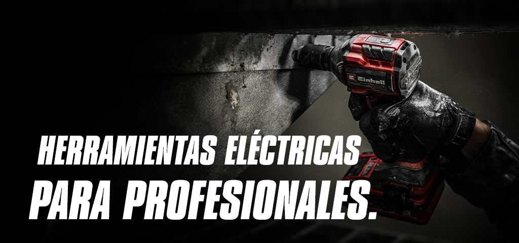 Una mano sostiene una llave de impacto inalámbrica roja que se utiliza sobre una viga de metal, con el texto "Herramientas eléctricas para profesionales".