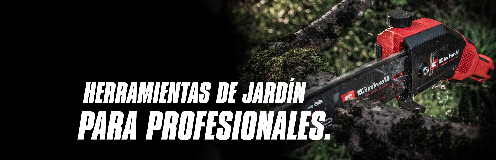 Una motosierra inalámbrica roja corta una rama, con el texto "Herramientas de jardinería para profesionales".
