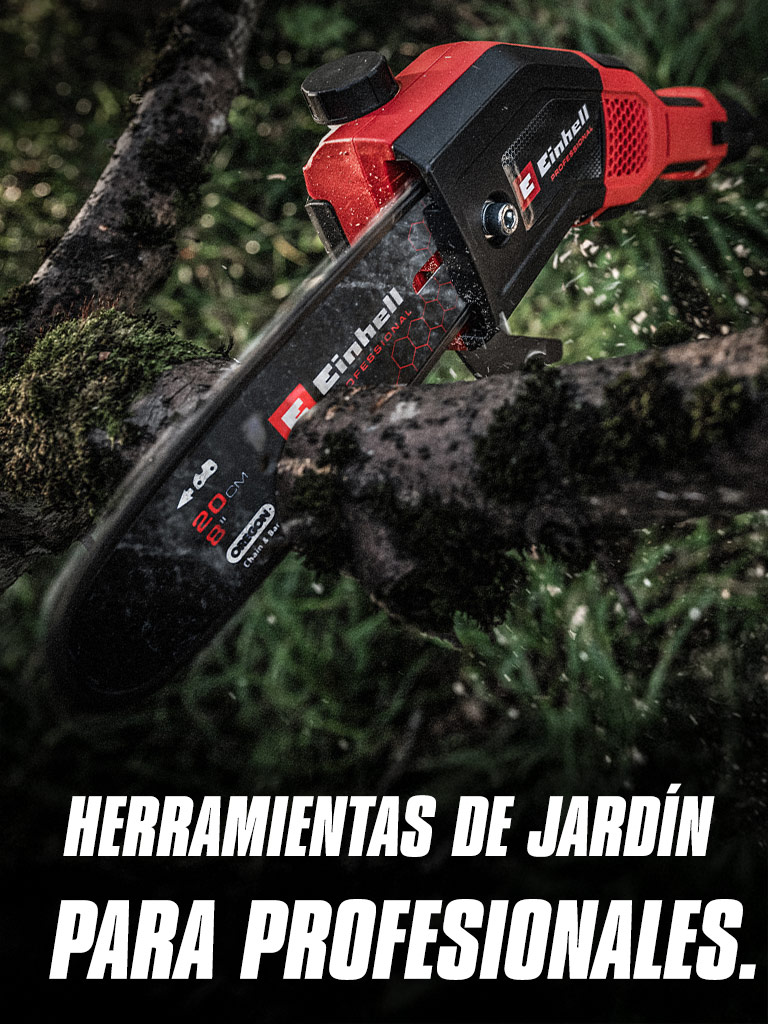 Una motosierra inalámbrica roja corta una rama, con el texto "Herramientas de jardinería para profesionales".