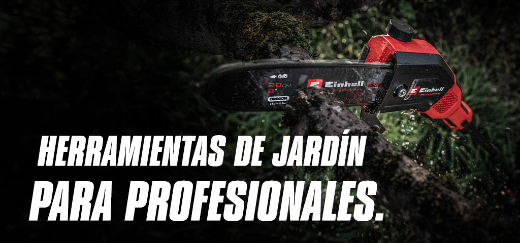Una motosierra inalámbrica roja corta una rama, con el texto "Herramientas de jardinería para profesionales".