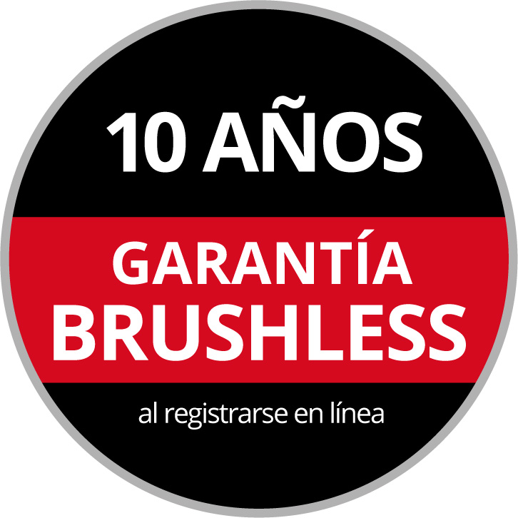 Logotipo de garantía redondo con el texto "Garantía sin escobillas de 10 años, al registrarse en línea" sobre un fondo negro y rojo.