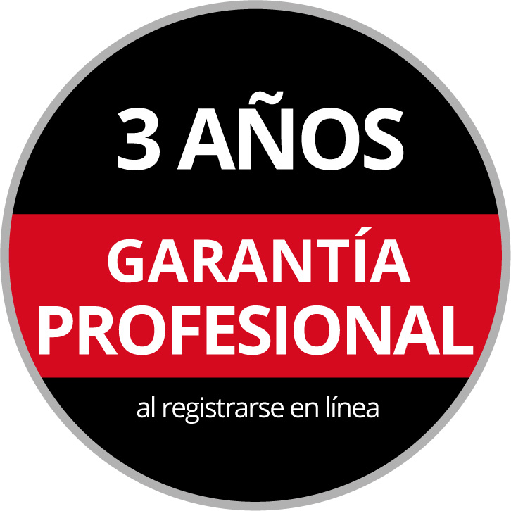 Logotipo de garantía redondo con el texto "Garantía profesional de 3 años, al registrarse en línea" sobre un fondo negro y rojo.