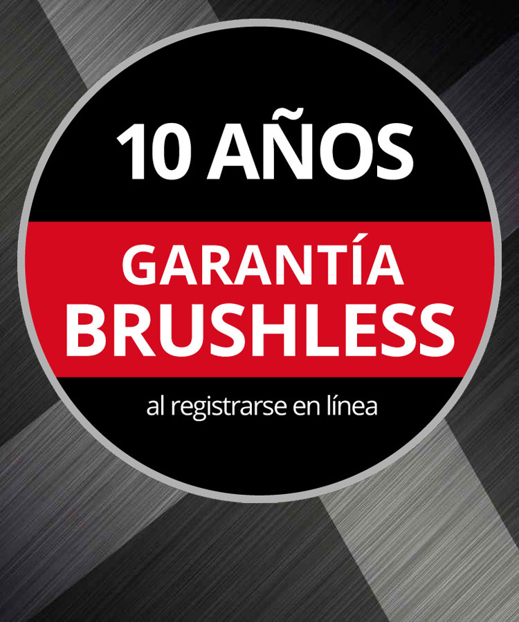 Logotipo de garantía redondo con el texto "Garantía Brushless de 10 años, al registrarse en línea" sobre fondo negro y rojo.