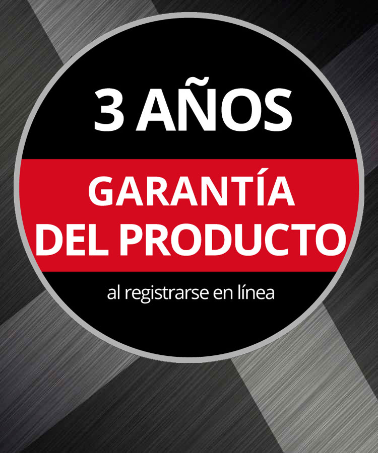 Logotipo de garantía redondo con el texto "Garantía de producto de 3 años, al registrarse en línea" sobre fondo gris.